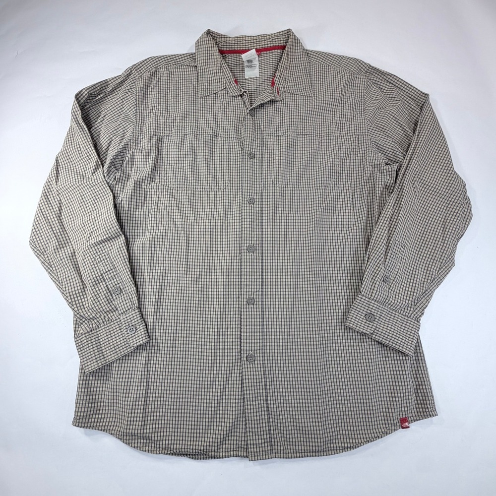 The North Face Long Sleeve Shirt Mens XL Tan Black Plaid Button Down Hike Casual